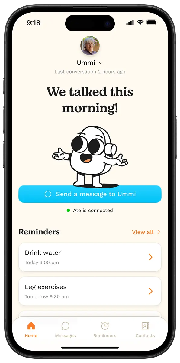 Ato Family App main dashboard showing activity reports and daily check-ins for senior care