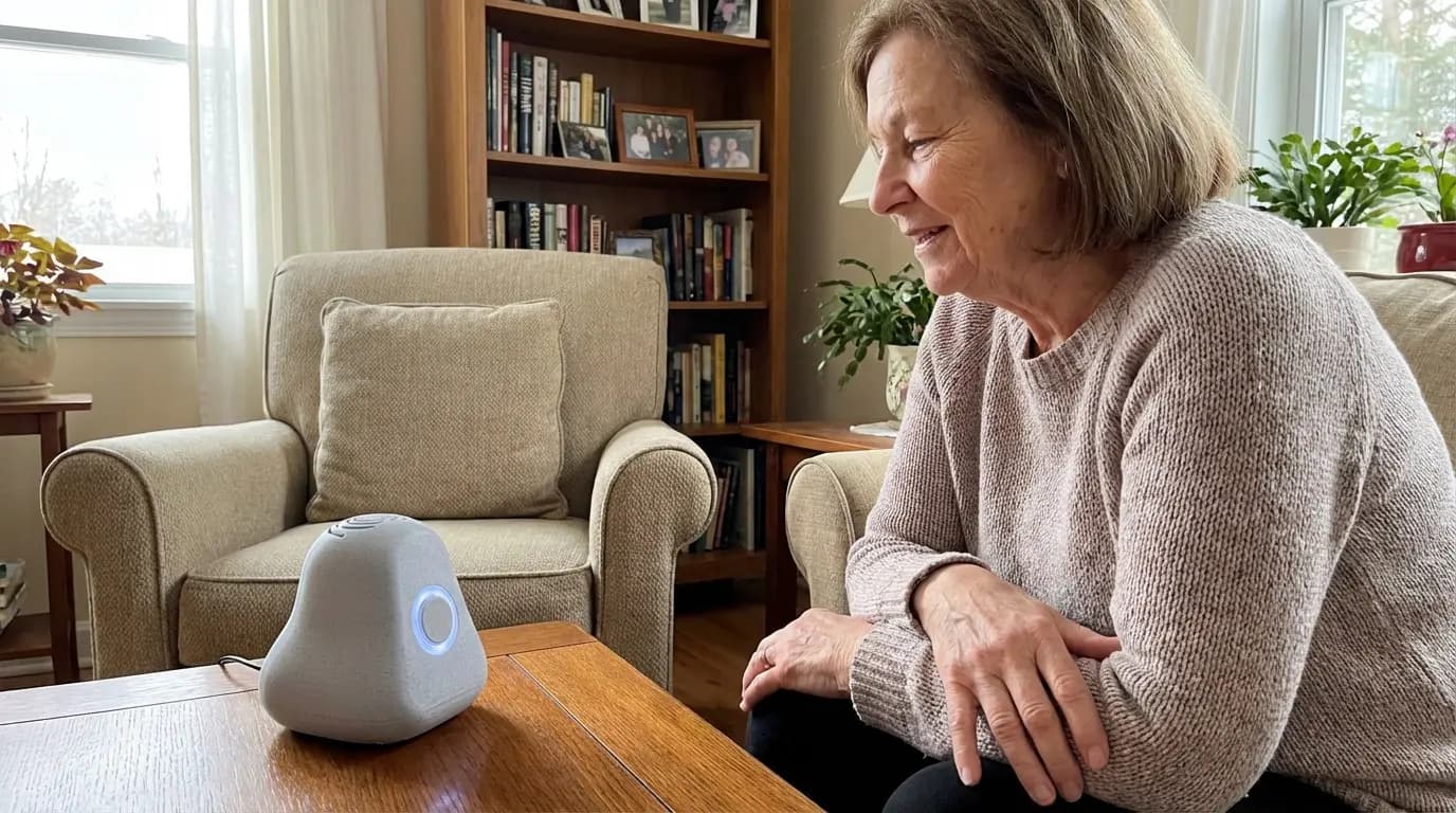 Senior woman enjoying a conversation with the Ato AI companion device
