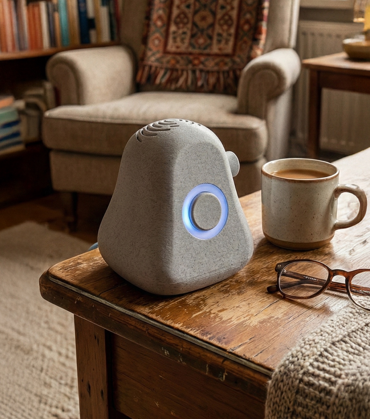 Ato screen-free AI device for seniors, a compact voice companion on a table