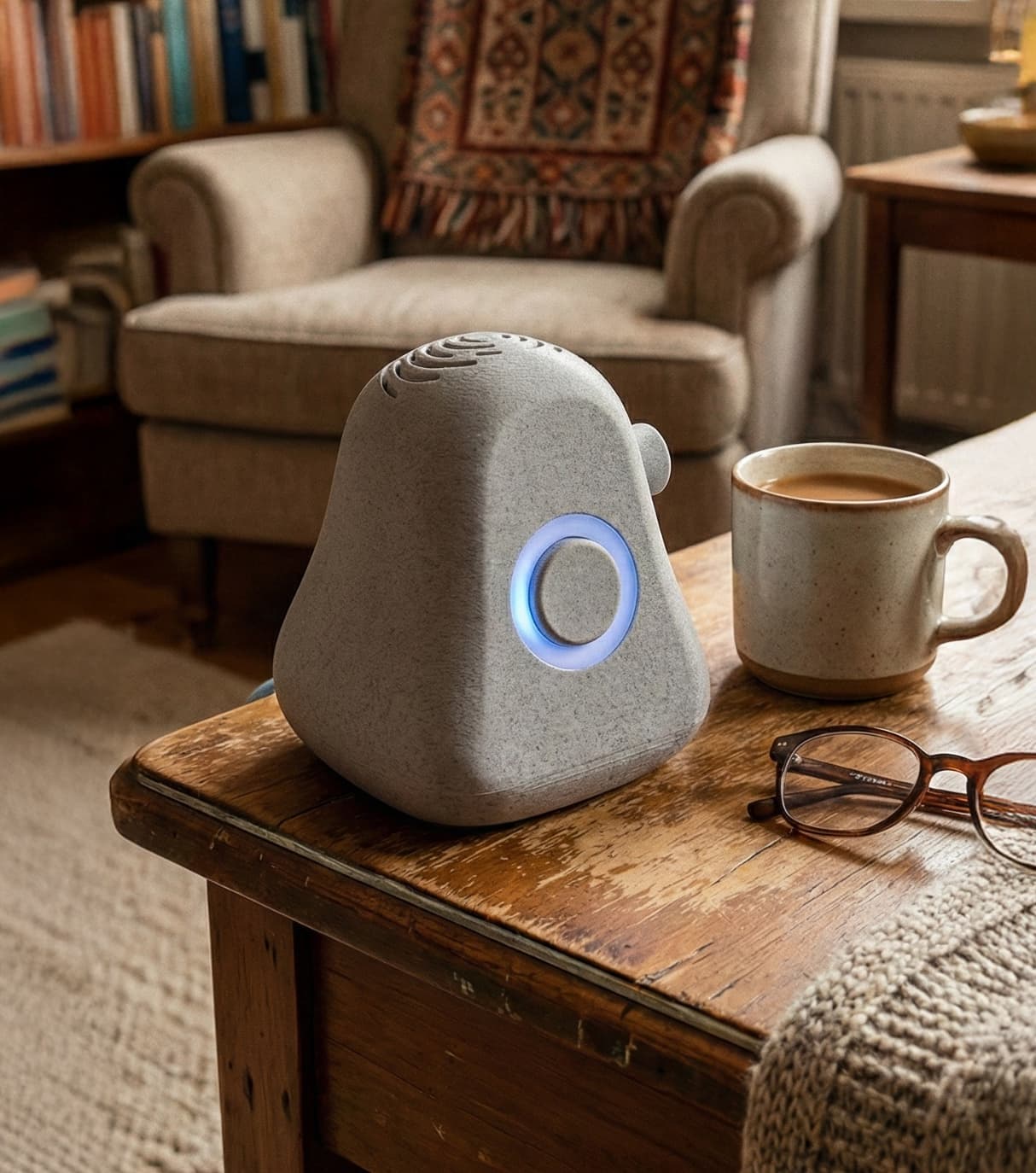 Dispositivo Ato de IA sin pantalla para adultos mayores, un compañero de voz compacto sobre una mesa