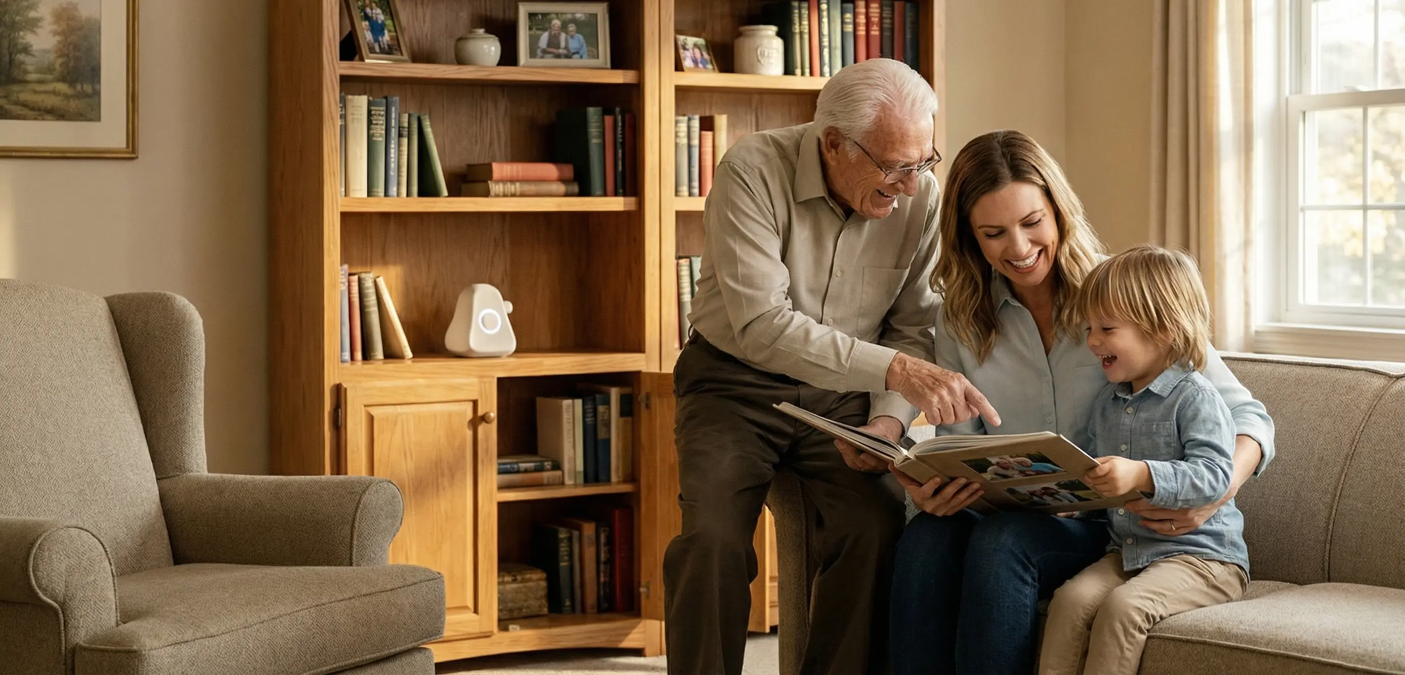 Families connecting through the Ato AI companion for seniors