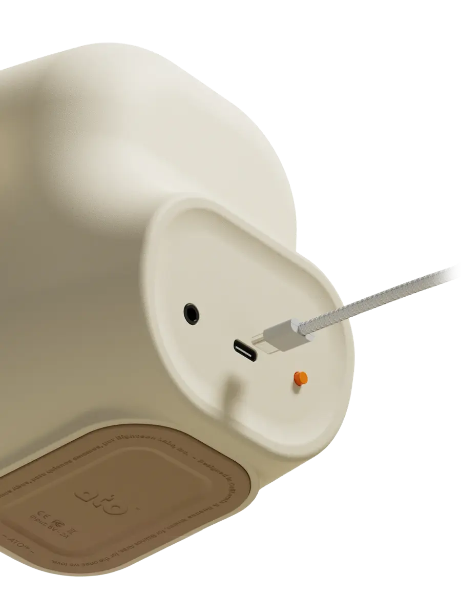 Close-up of Ato's power, charging, and audio connections